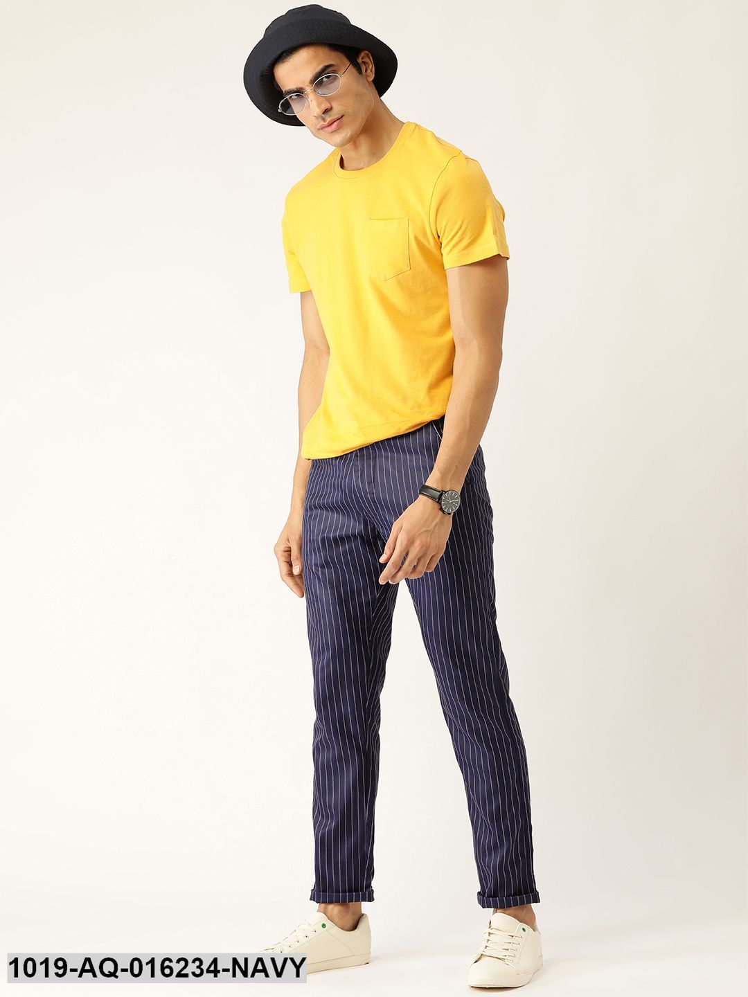 Men's Cotton Blend Navy Blue & Off-white Striped Casual Trousers - Sojanya