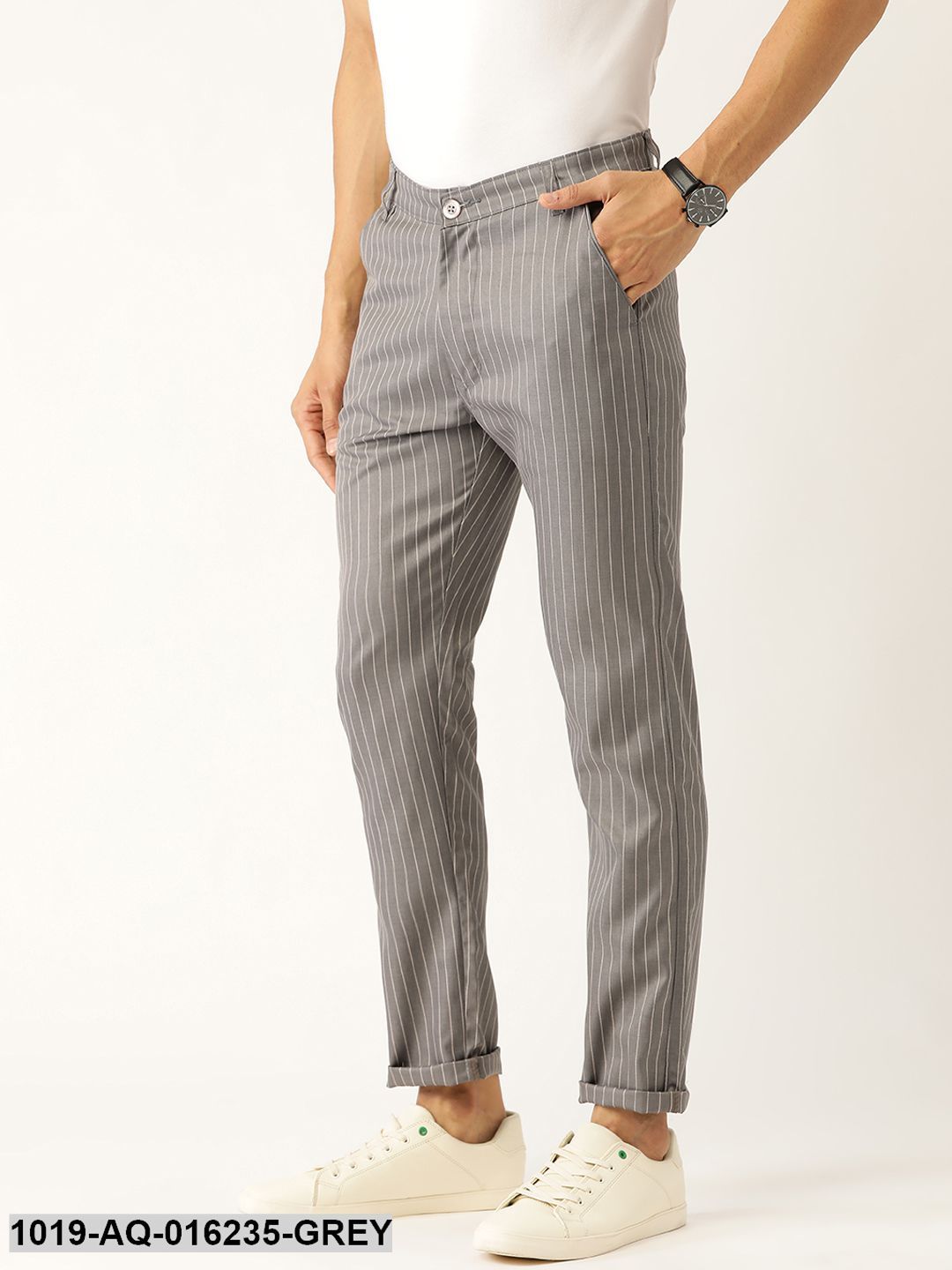 Men's Cotton Blend Grey & Off-white Striped Casual Trousers - Sojanya
