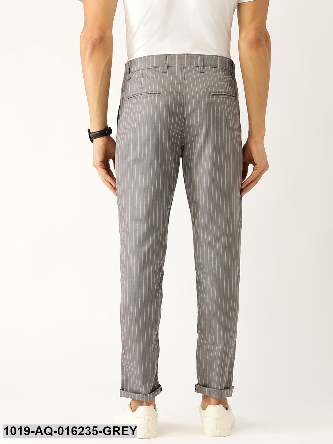 Men's Cotton Blend Grey & Off-white Striped Casual Trousers - Sojanya