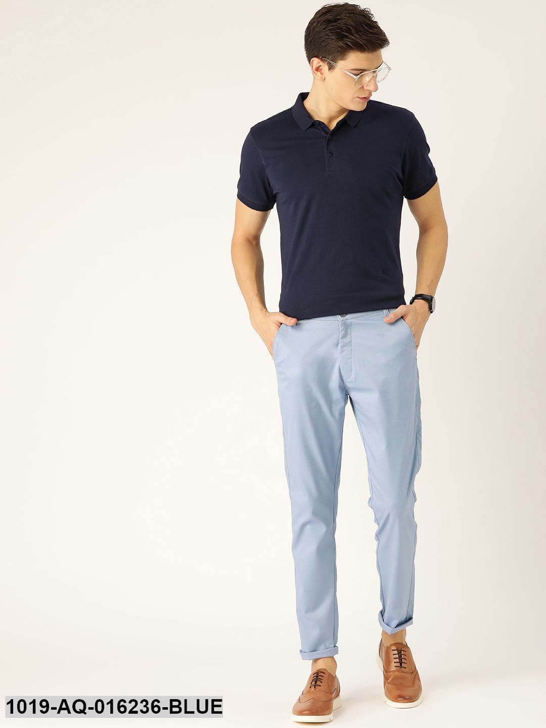 Men's Cotton Blend Blue Solid Casual Trousers - Sojanya