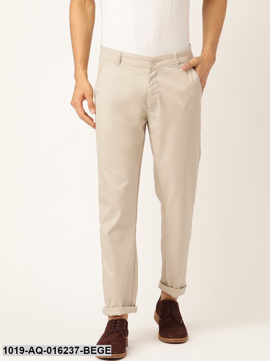 Men's Cotton Blend Beige Solid Casual Trousers