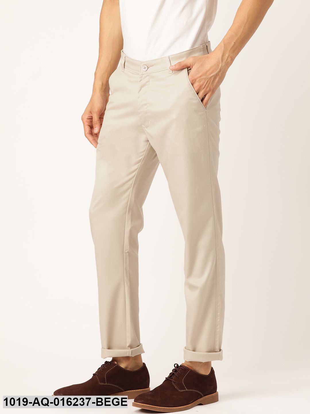 Men's Cotton Blend Beige Solid Casual Trousers