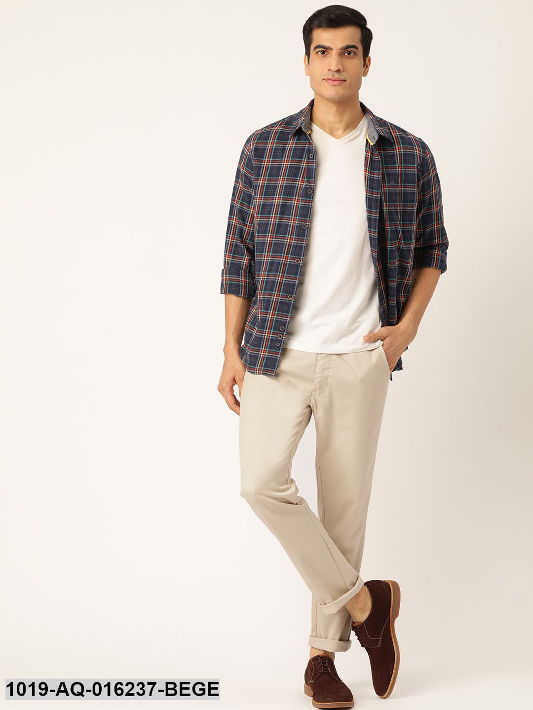 Men's Cotton Blend Beige Solid Casual Trousers