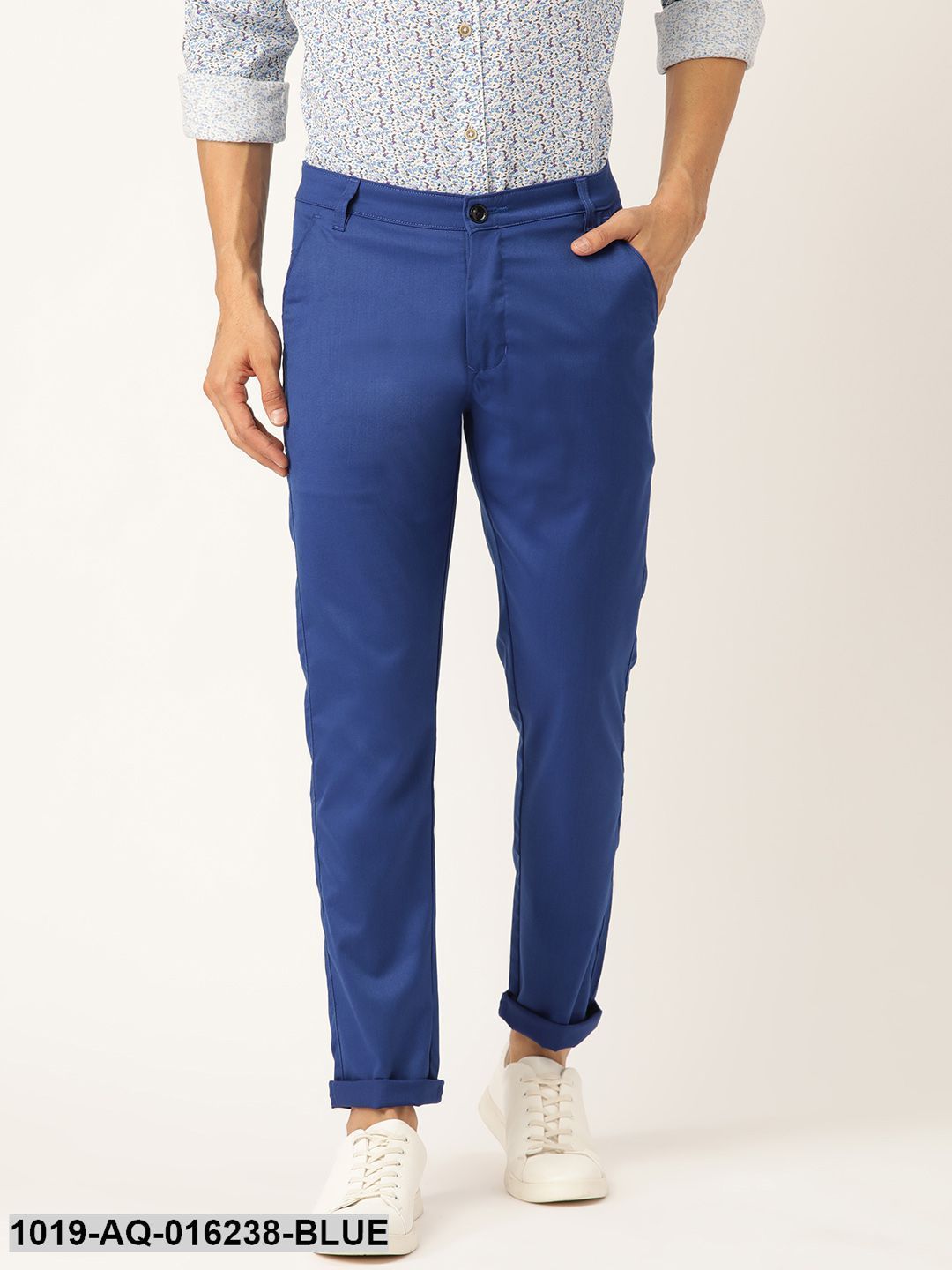 Men's Cotton Blend Royal Blue Solid Casual Trousers