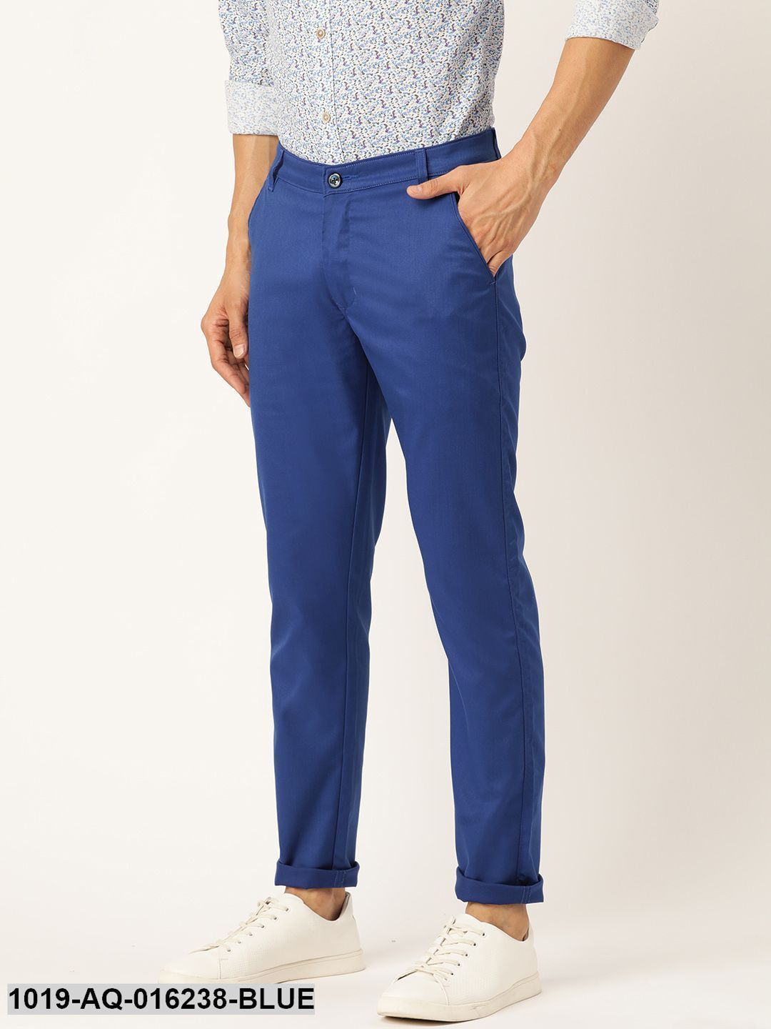 Men's Cotton Blend Royal Blue Solid Casual Trousers