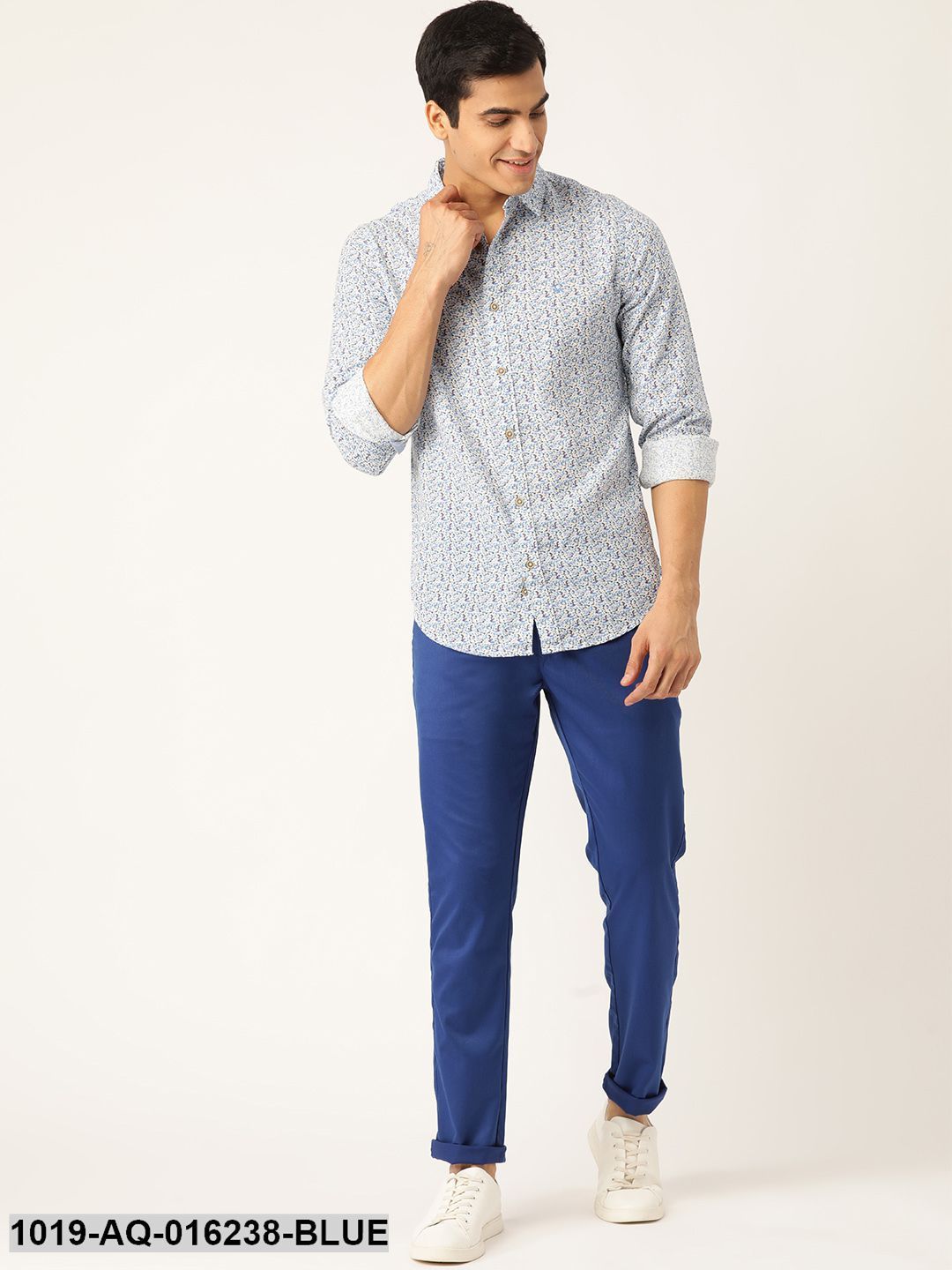 Men's Cotton Blend Royal Blue Solid Casual Trousers