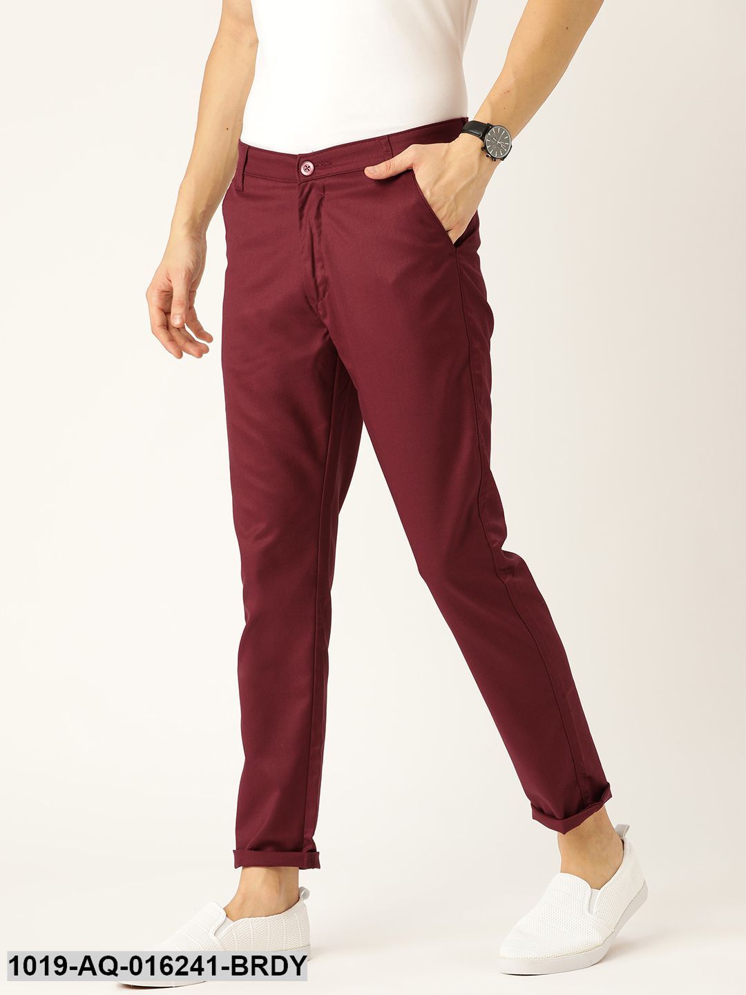 Men's Cotton Blend Burgundy Solid Casual Trousers - Sojanya