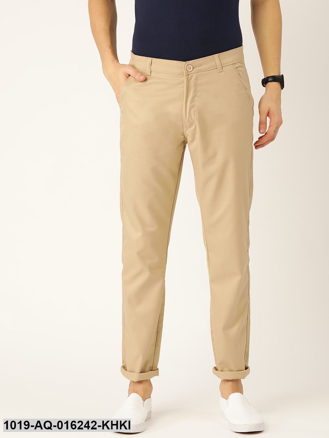 Men's Cotton Blend Khaki Solid Casual Trousers - Sojanya