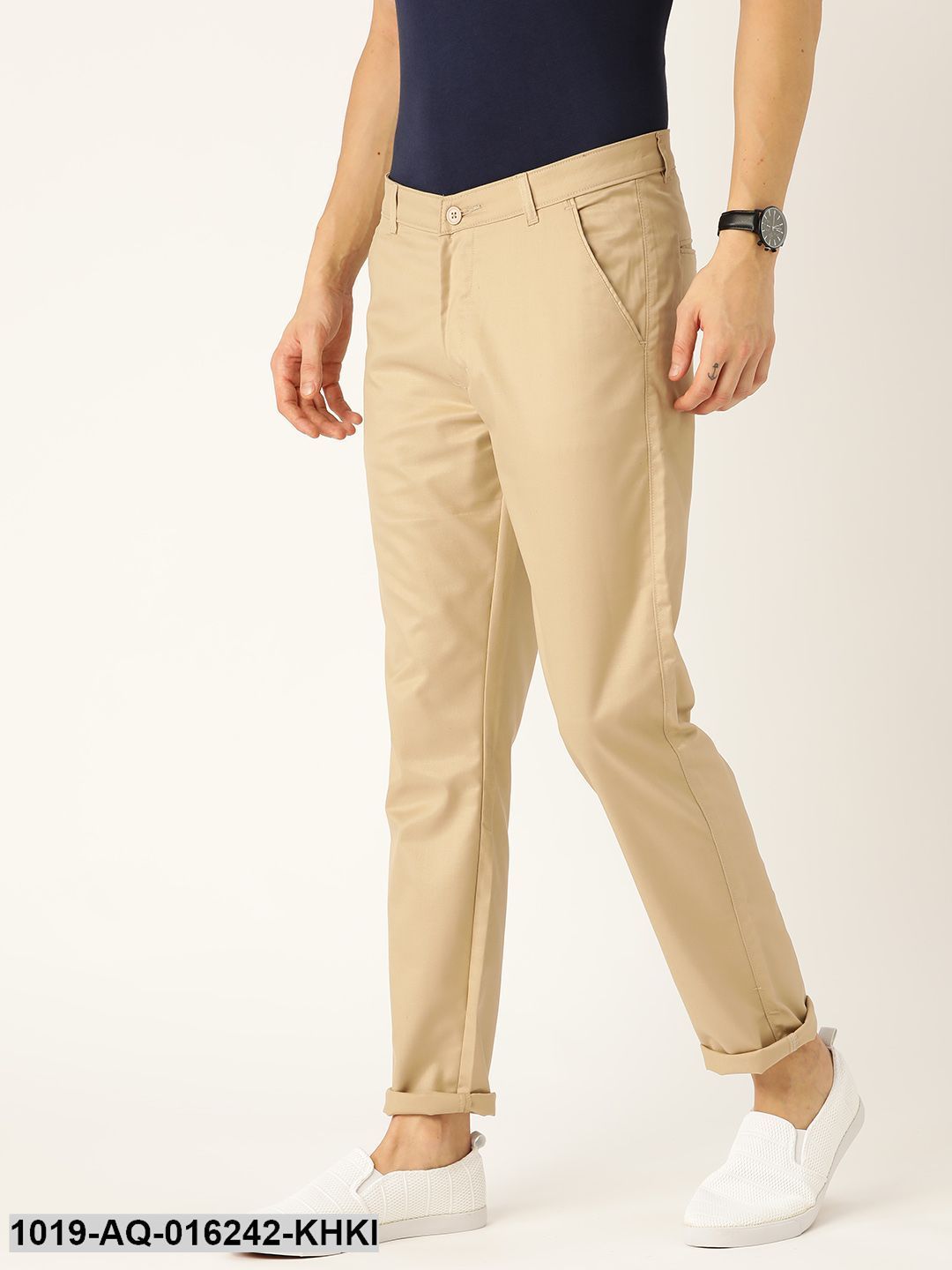 Men's Cotton Blend Khaki Solid Casual Trousers - Sojanya