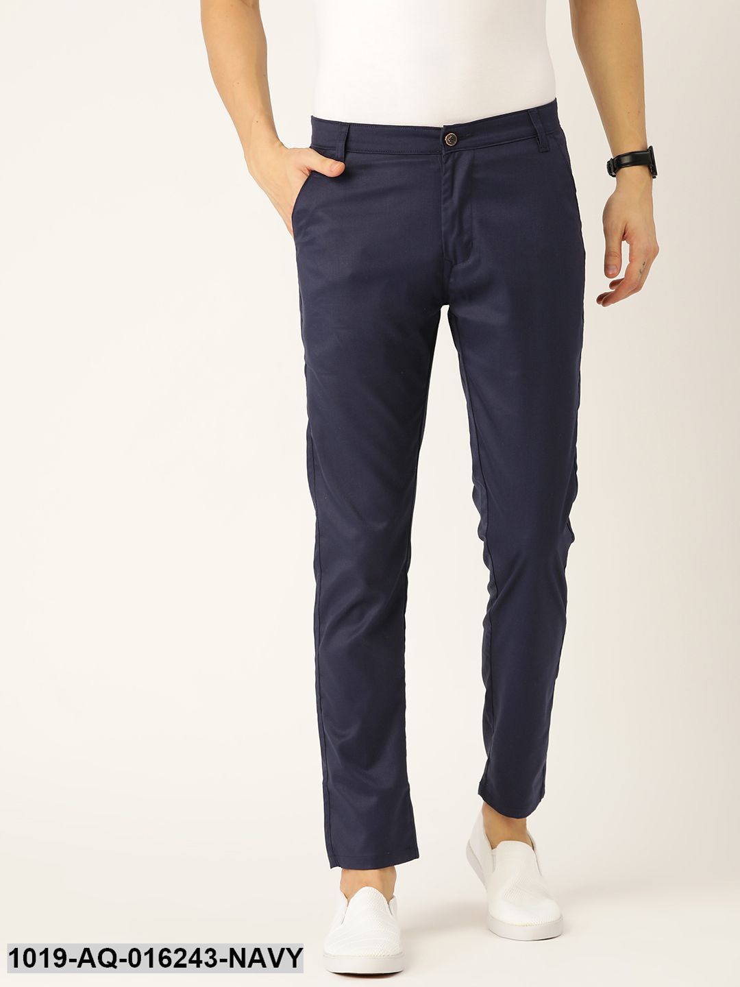 Men's Cotton Blend Navy Blue Solid Casual Trousers - Sojanya