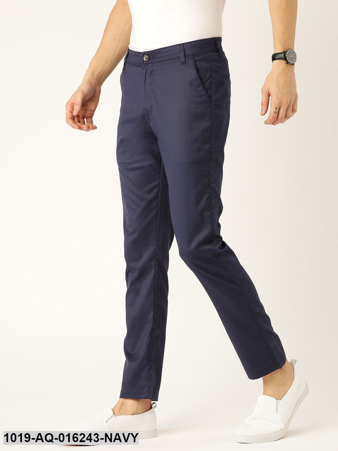 Men's Cotton Blend Navy Blue Solid Casual Trousers - Sojanya