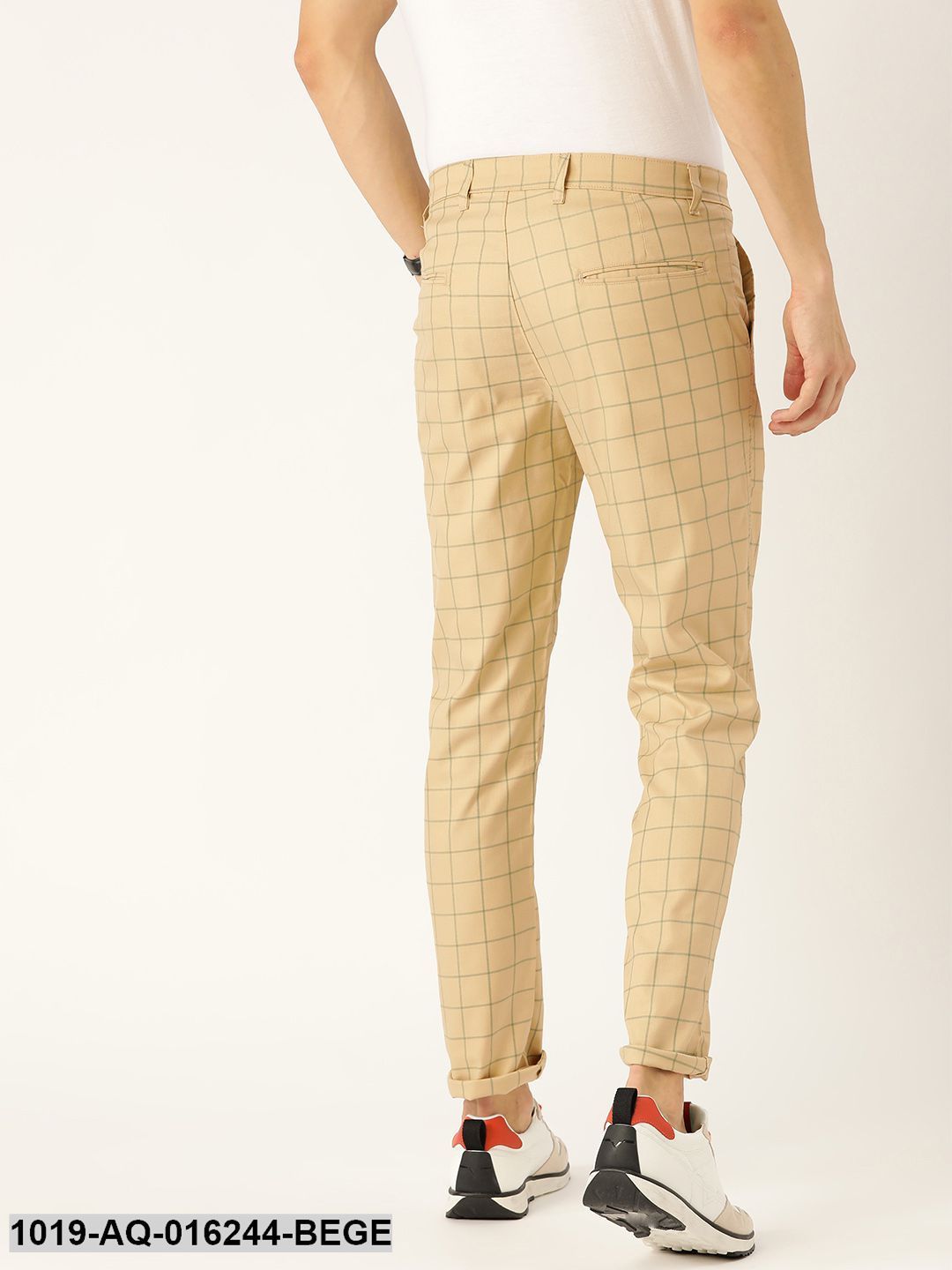 Men's Cotton Blend Beige & Green Checked Casual Trousers - Sojanya