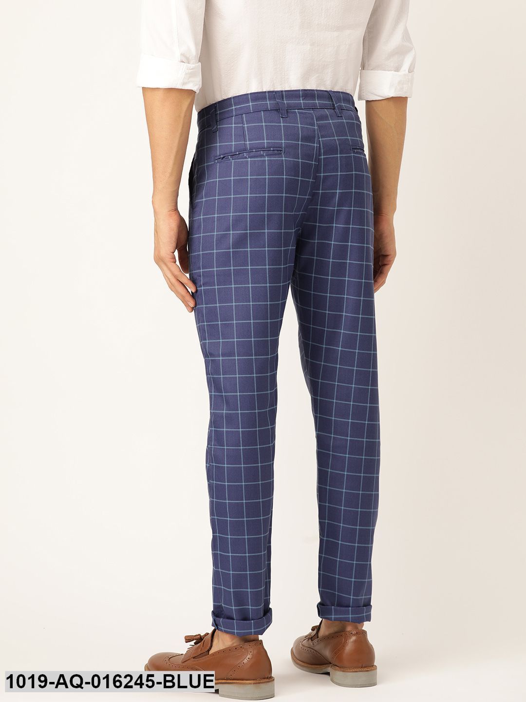 Men's Cotton Blend Royal Blue & Blue Checked Casual Trousers - Sojanya