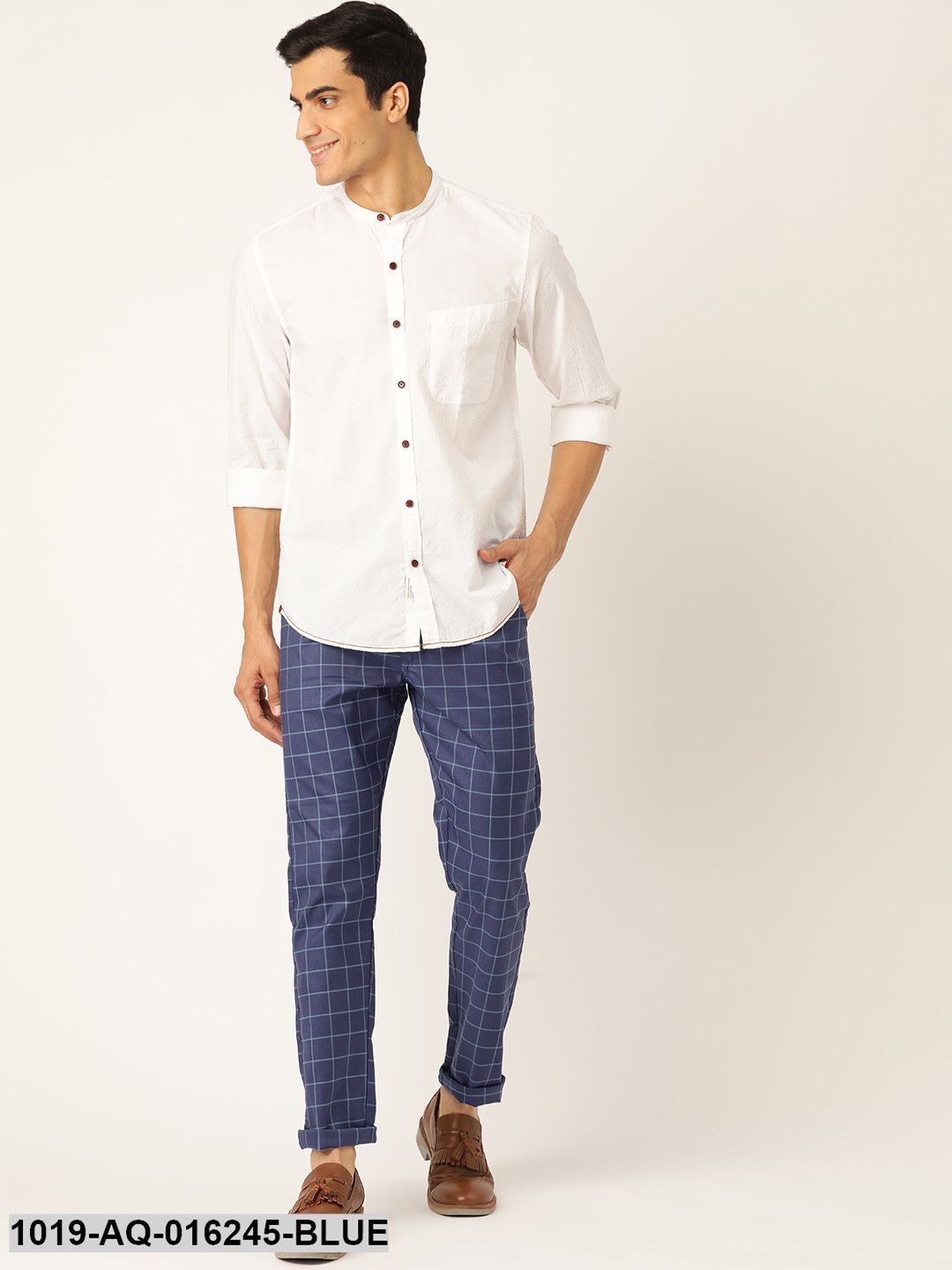 Men's Cotton Blend Royal Blue & Blue Checked Casual Trousers - Sojanya