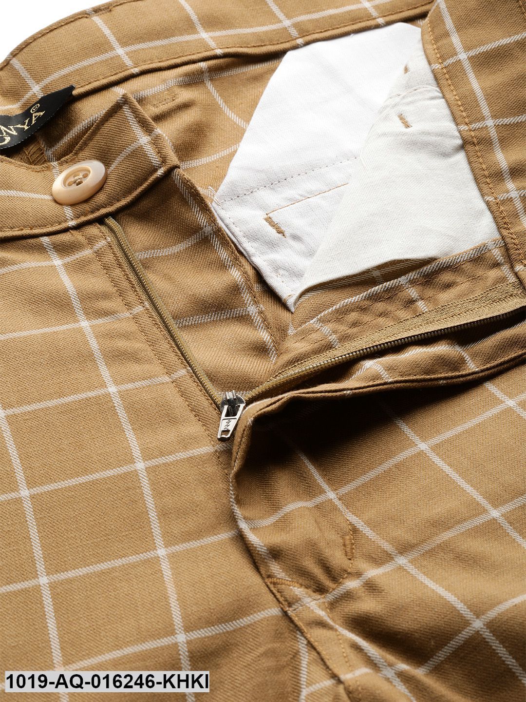 Men's Cotton Blend Khaki & Off-white Checked Casual Trousers - Sojanya