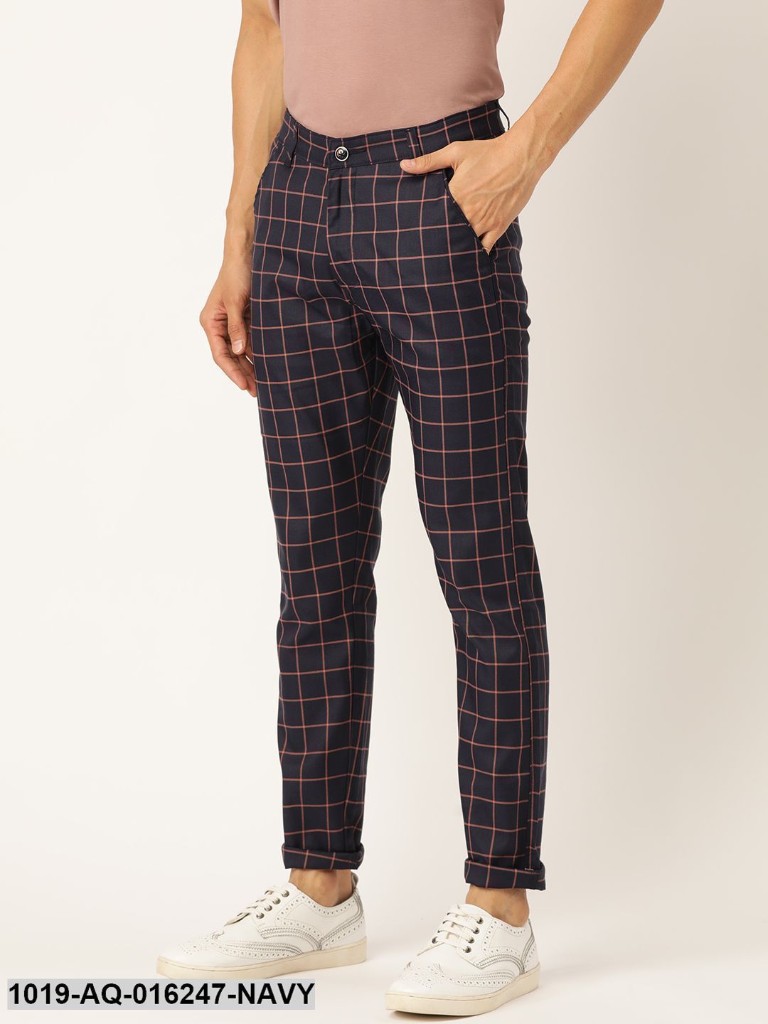 Men's Cotton Blend Navy Blue & Red Checked Casual Trousers - Sojanya