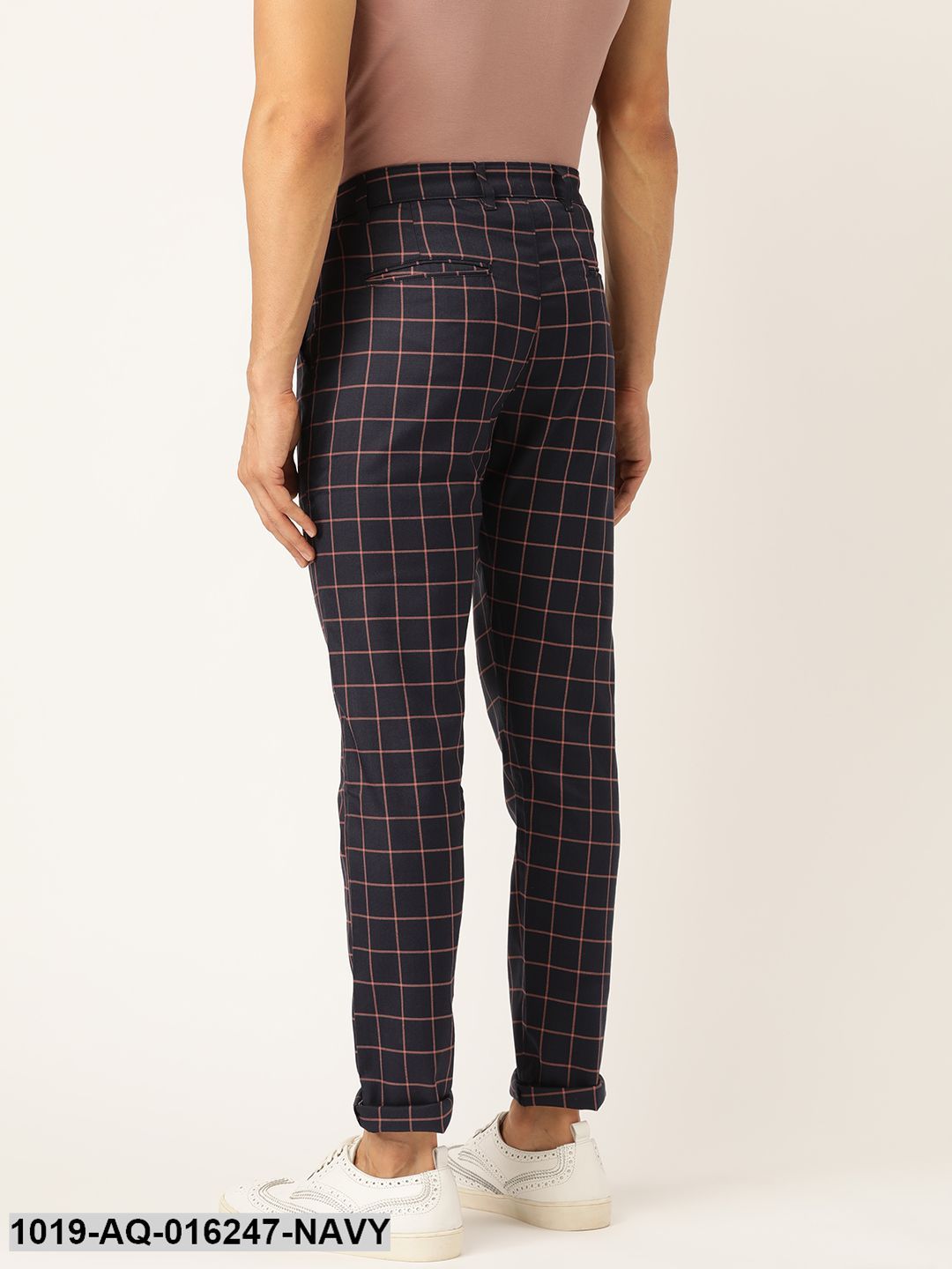 Men's Cotton Blend Navy Blue & Red Checked Casual Trousers - Sojanya