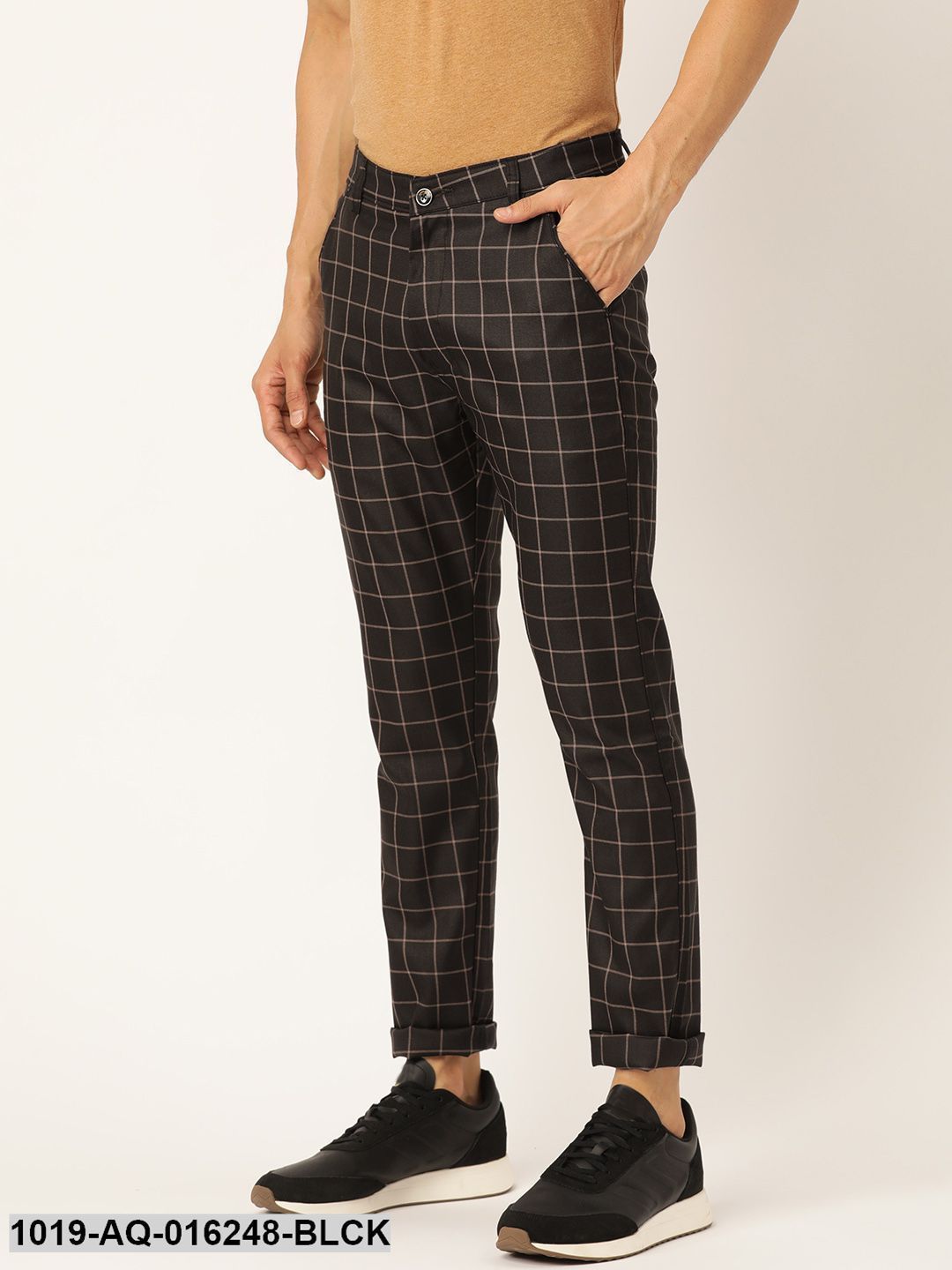 Men's Cotton Blend Black & Beige Checked Casual Trousers - Sojanya
