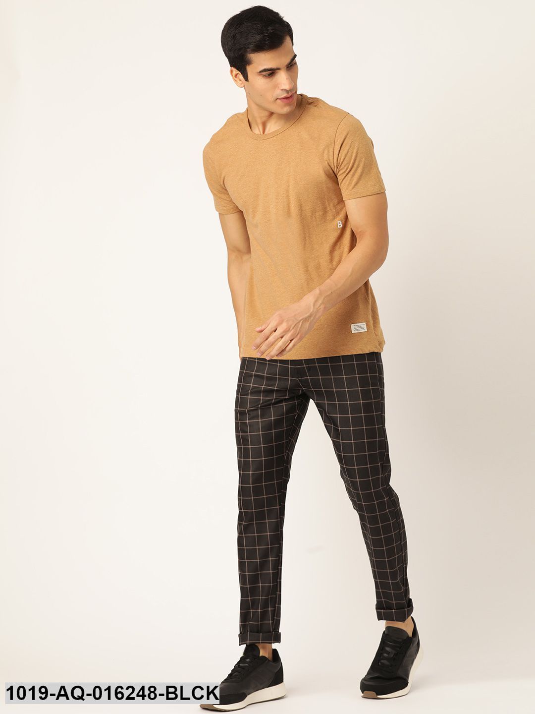 Men's Cotton Blend Black & Beige Checked Casual Trousers - Sojanya