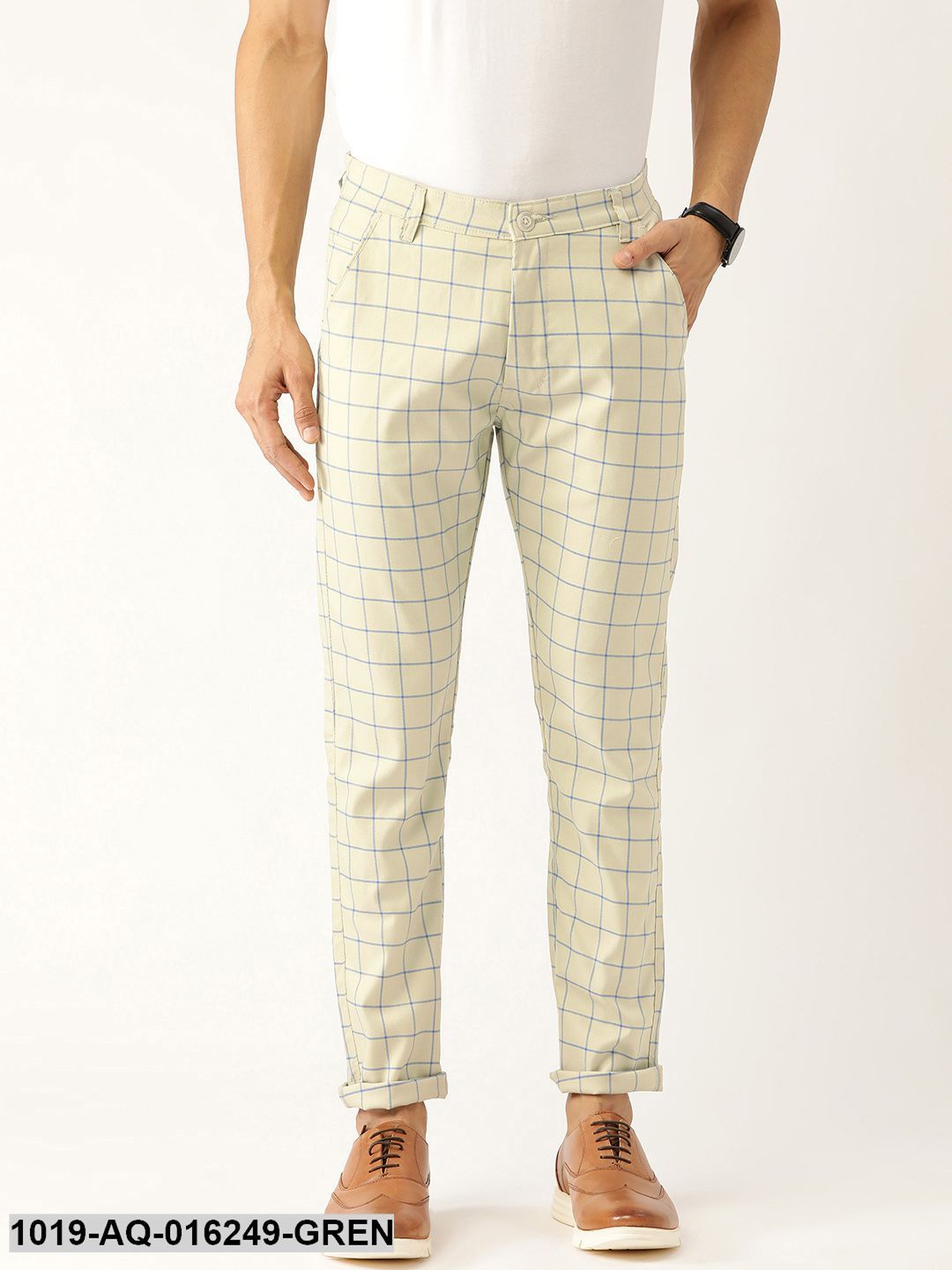 Men's Cotton Blend PistaGreen & Blue Checked Casual Trousers - Sojanya