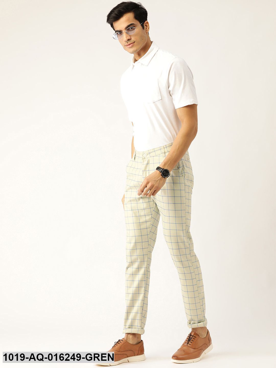 Men's Cotton Blend PistaGreen & Blue Checked Casual Trousers - Sojanya