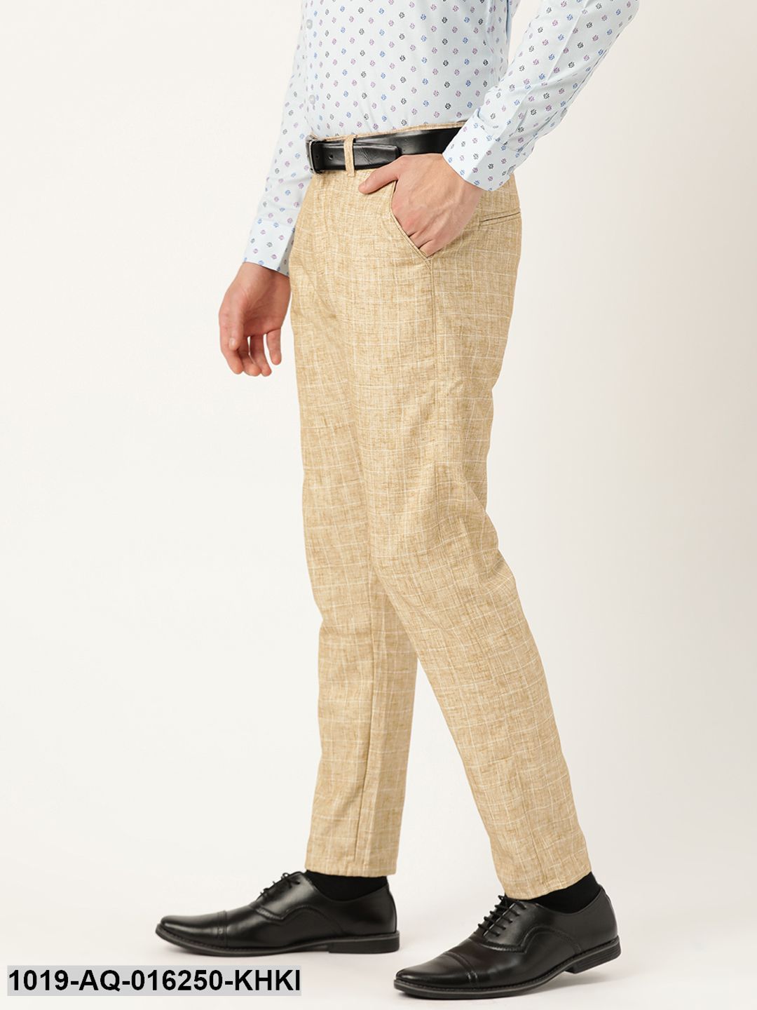 Men's Cotton Blend Khaki & Off White Checked Formal Trousers - Sojanya