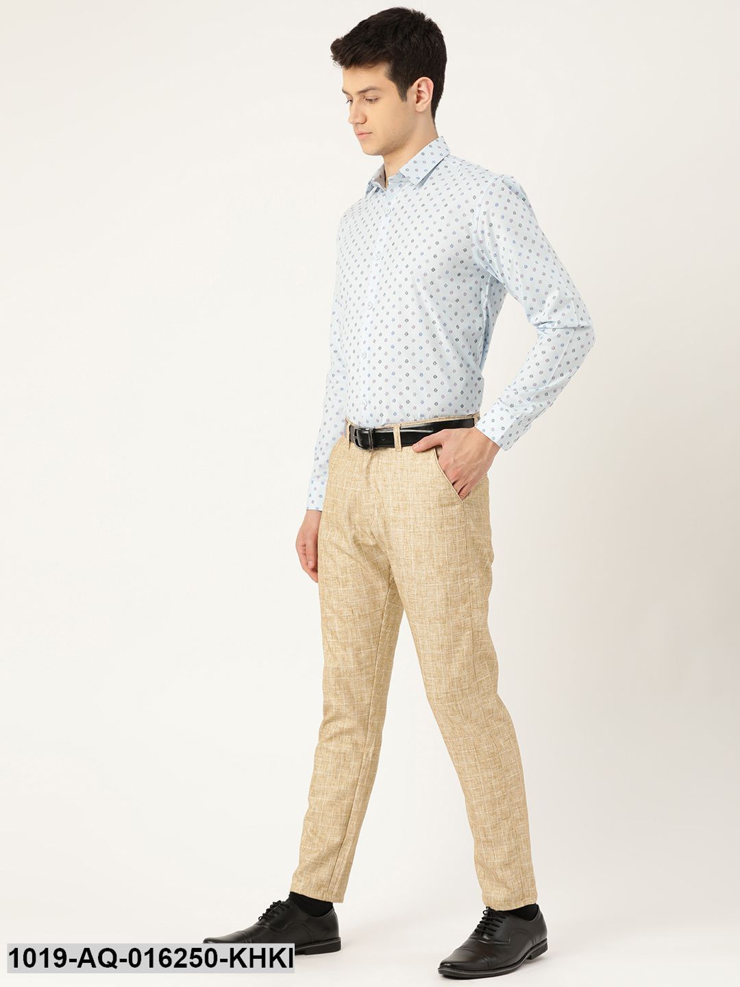 Men's Cotton Blend Khaki & Off White Checked Formal Trousers - Sojanya