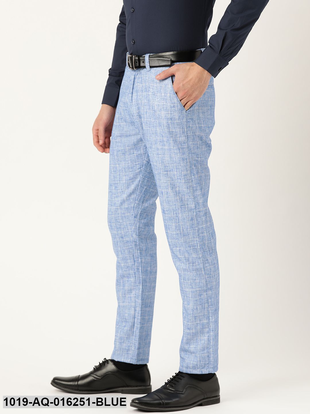 Men's Cotton Blend Blue & Off White Checked Formal Trousers - Sojanya