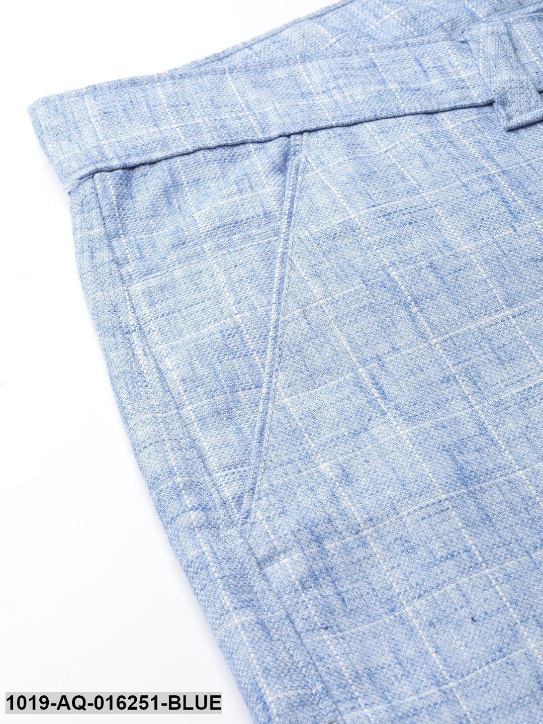 Men's Cotton Blend Blue & Off White Checked Formal Trousers - Sojanya
