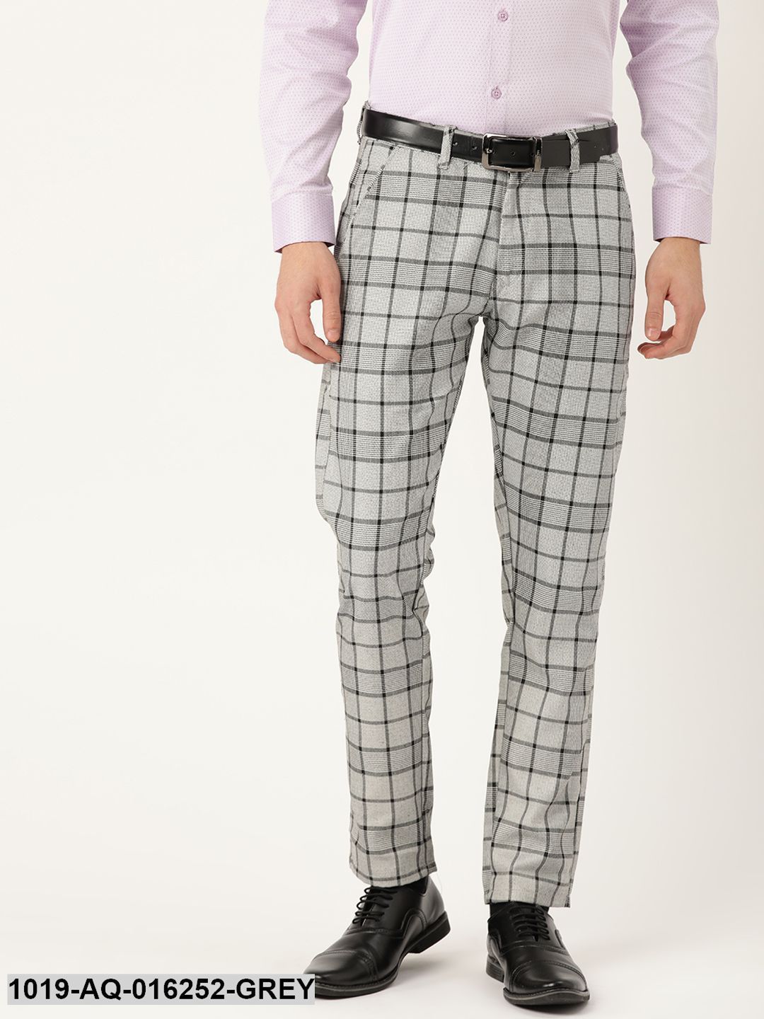 Men's Cotton Blend Grey & Black Checked Formal Trousers - Sojanya