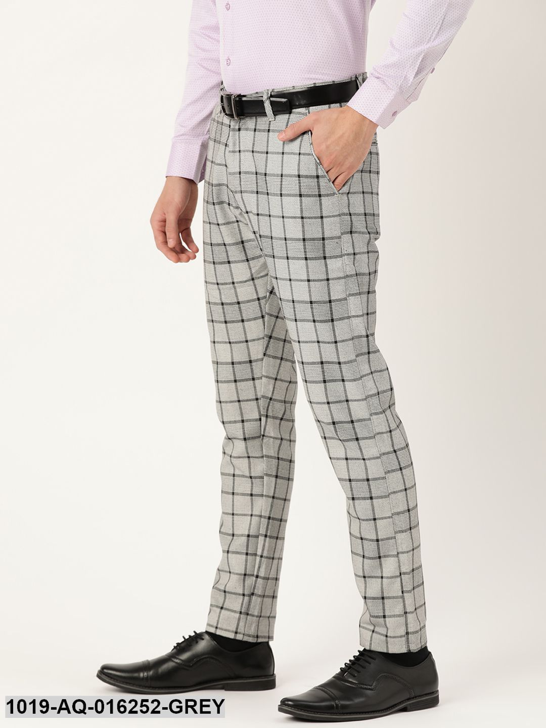 Men's Cotton Blend Grey & Black Checked Formal Trousers - Sojanya