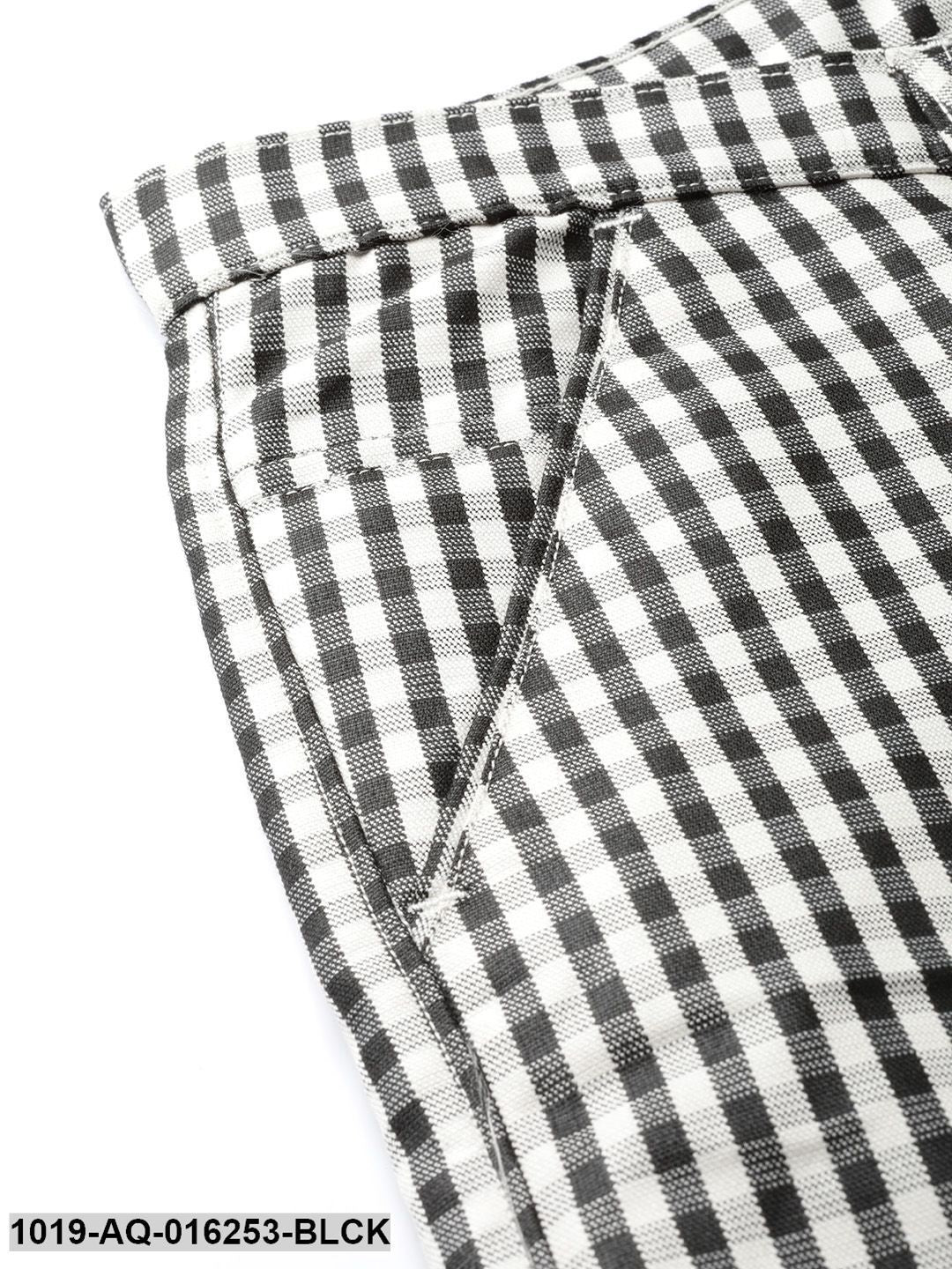 Men's Cotton Blend Black & White Checked Formal Trousers - Sojanya