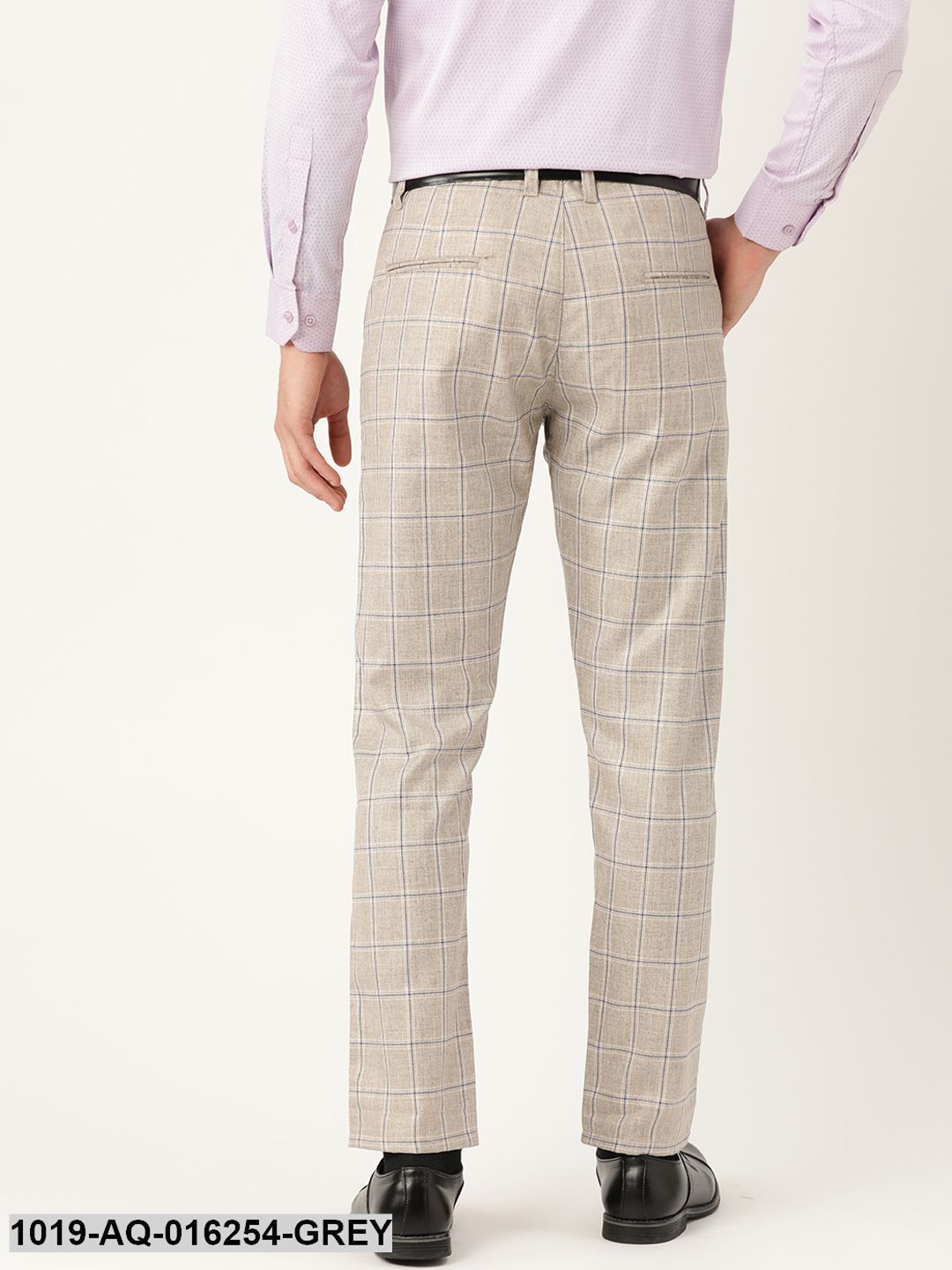 Men's Cotton Blend Light Grey & Navy Checked Formal Trousers - Sojanya