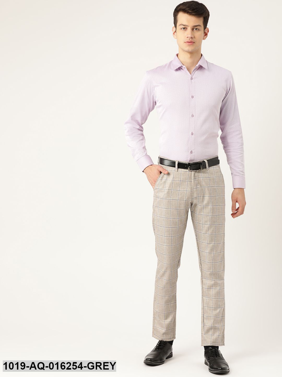 Men's Cotton Blend Light Grey & Navy Checked Formal Trousers - Sojanya