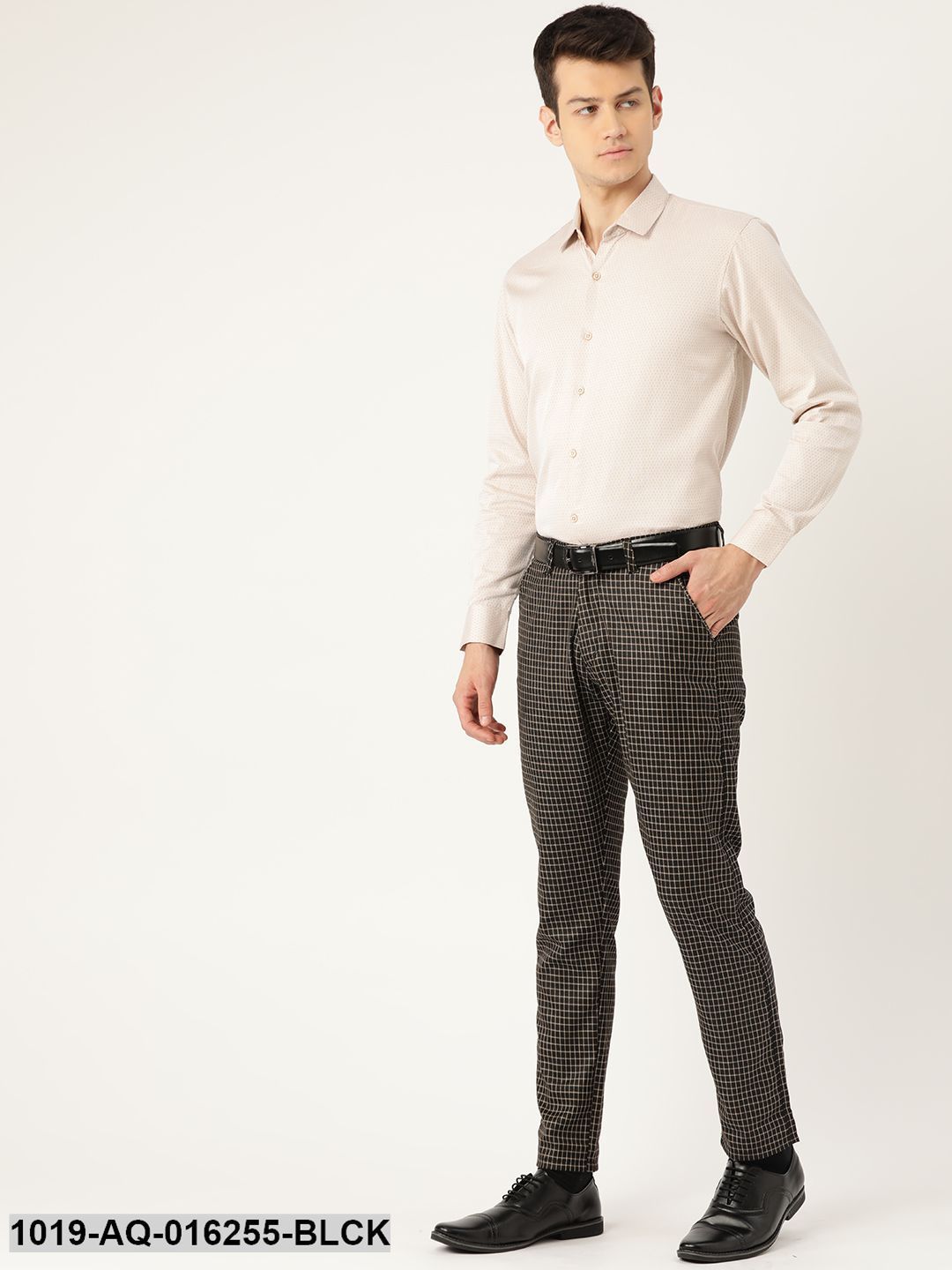 Men's Cotton Blend Black & Beige Checked Formal Trousers - Sojanya