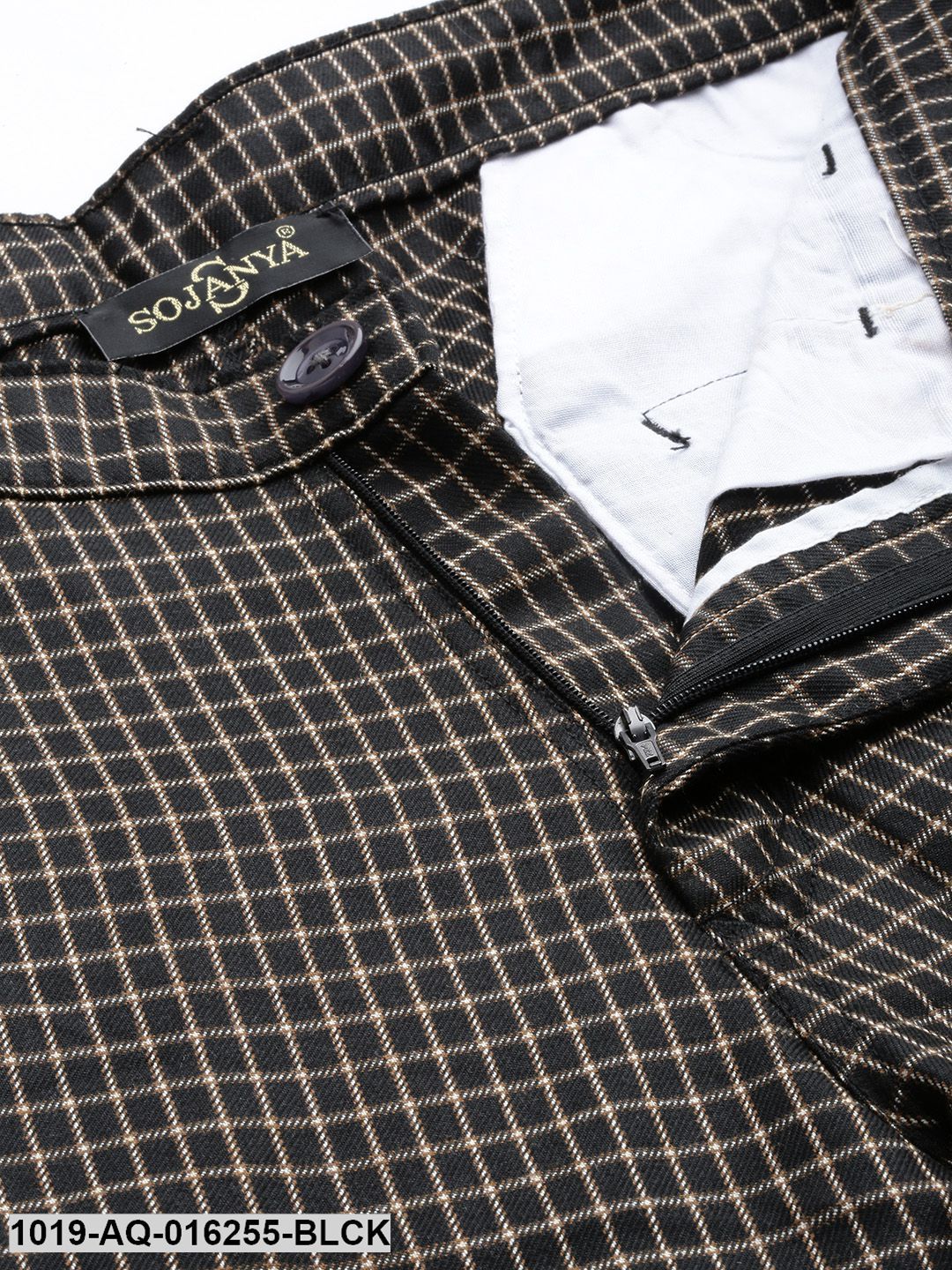 Men's Cotton Blend Black & Beige Checked Formal Trousers - Sojanya