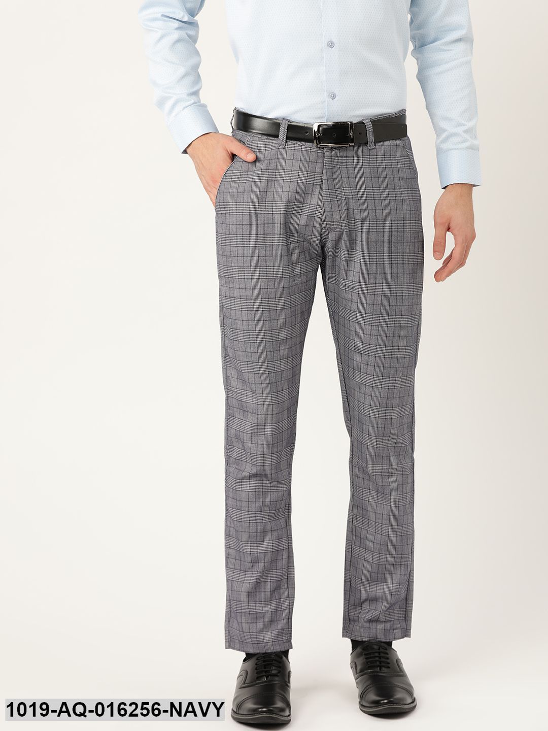 Men's Cotton Blend Navy Blue & Off White Checked Formal Trousers - Sojanya
