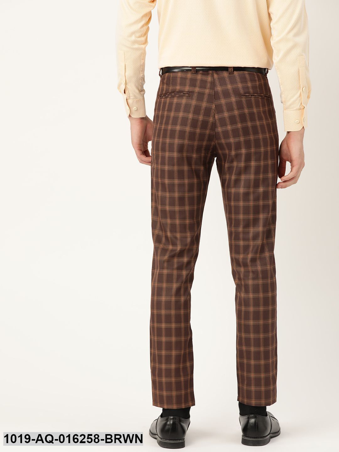 Men's Cotton Blend Brown & Mustard Checked Formal Trousers - Sojanya