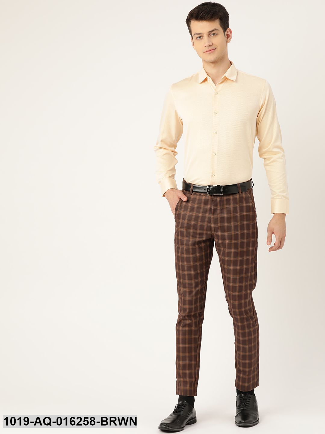 Men's Cotton Blend Brown & Mustard Checked Formal Trousers - Sojanya