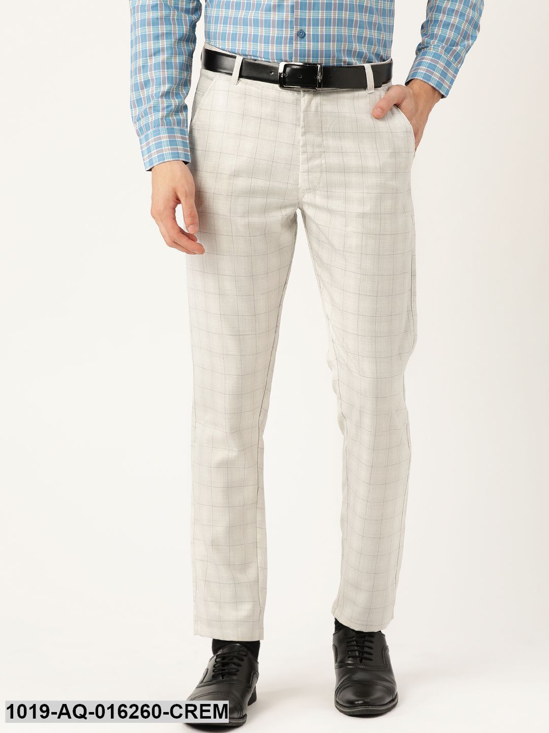 Men's Cotton Blend Cream & Grey Checked Formal Trousers