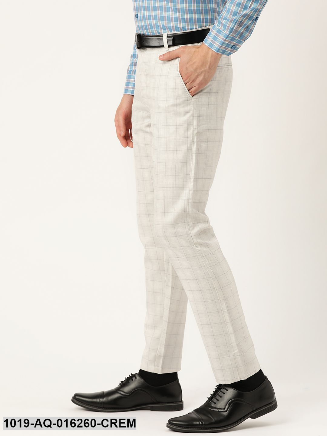 Men's Cotton Blend Cream & Grey Checked Formal Trousers
