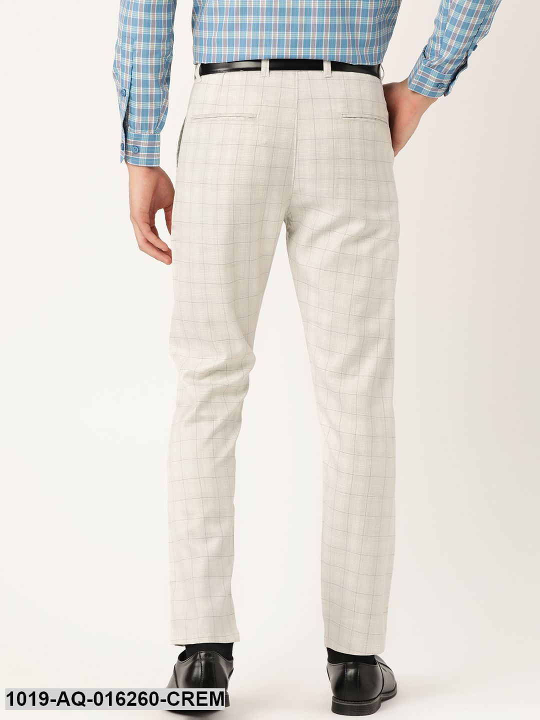 Men's Cotton Blend Cream & Grey Checked Formal Trousers