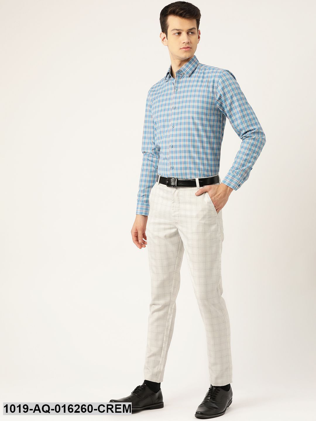 Men's Cotton Blend Cream & Grey Checked Formal Trousers