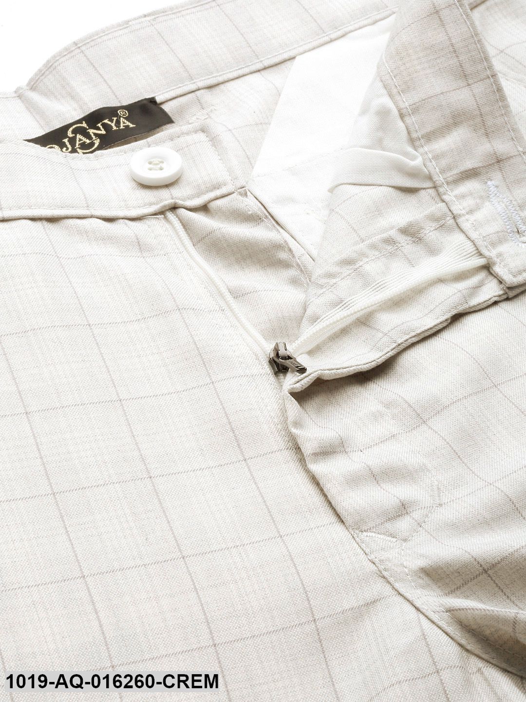 Men's Cotton Blend Cream & Grey Checked Formal Trousers
