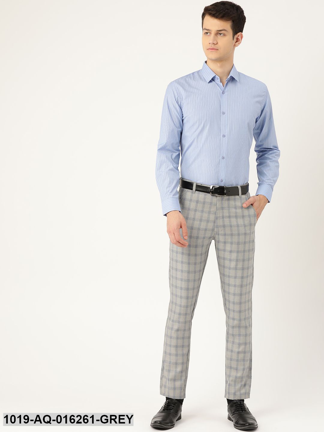 Men's Cotton Blend Grey & Blue Checked Formal Trousers - Sojanya