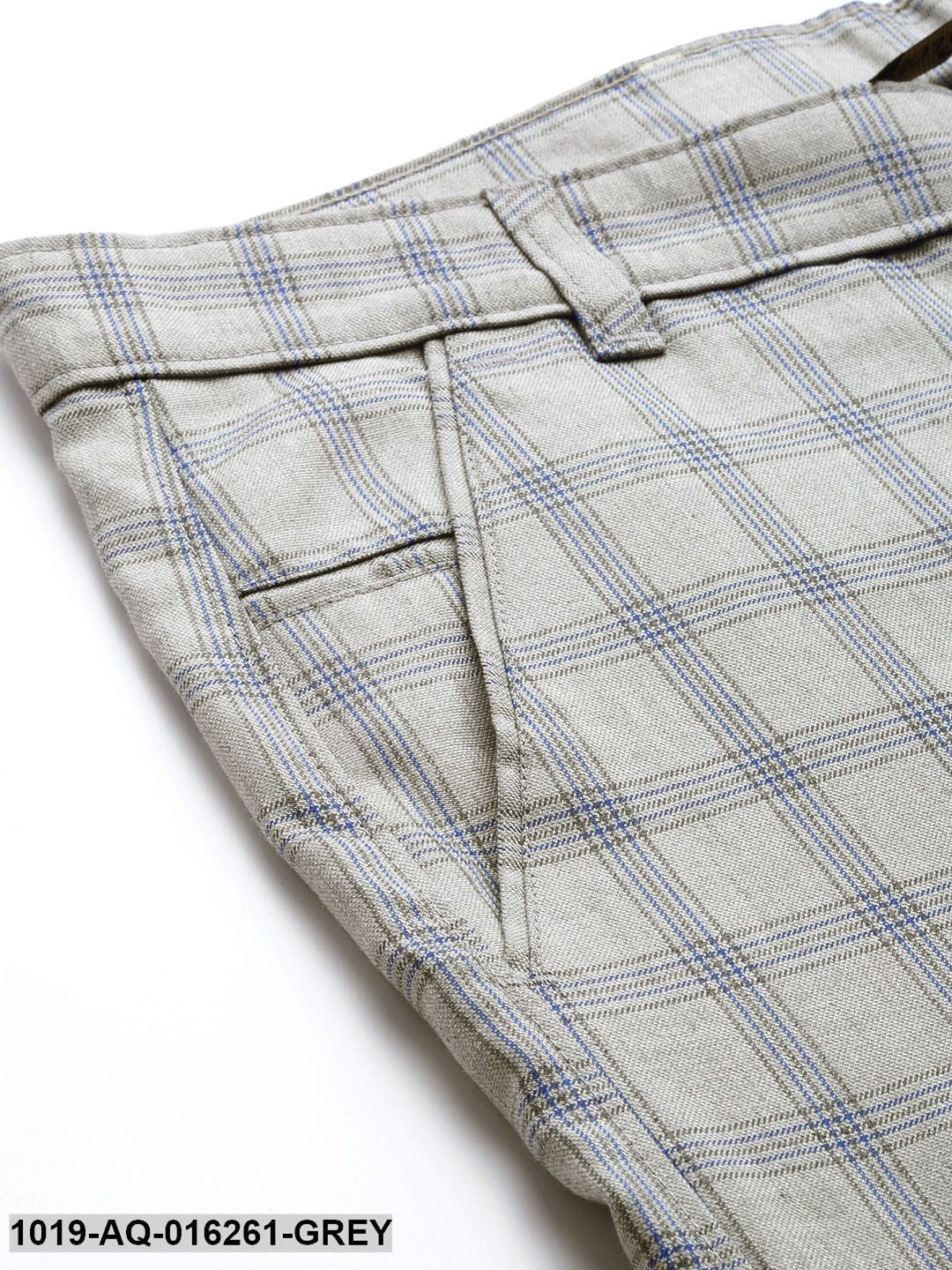 Men's Cotton Blend Grey & Blue Checked Formal Trousers - Sojanya