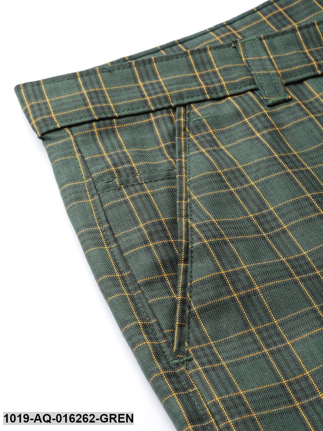 Men's Cotton Blend Dark Green & Yellow Checked Formal Trousers - Sojanya