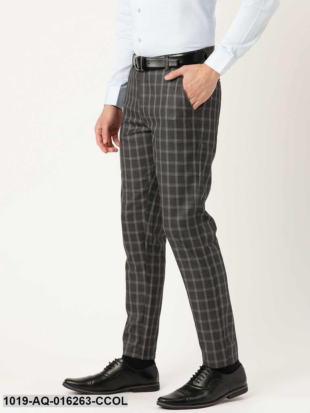 Men's Cotton Blend Charcoal Grey & Grey Checked Formal Trousers - Sojanya