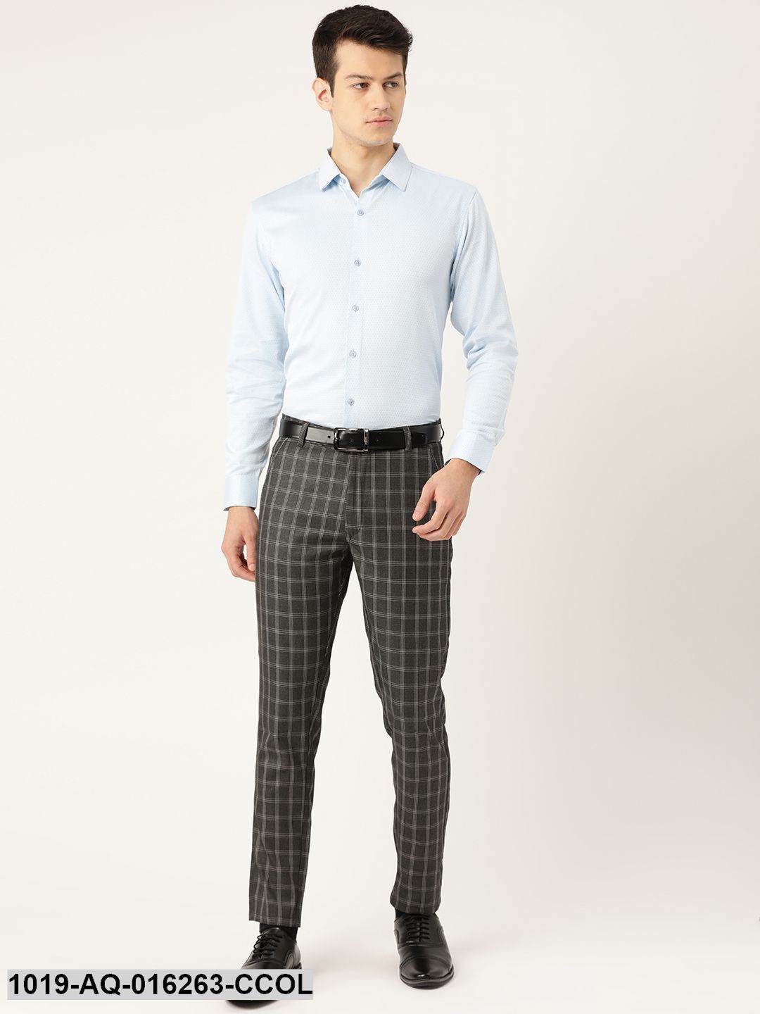 Men's Cotton Blend Charcoal Grey & Grey Checked Formal Trousers - Sojanya