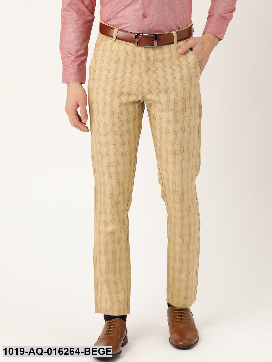 Men's Cotton Blend Beige & Green Checked Formal Trousers - Sojanya